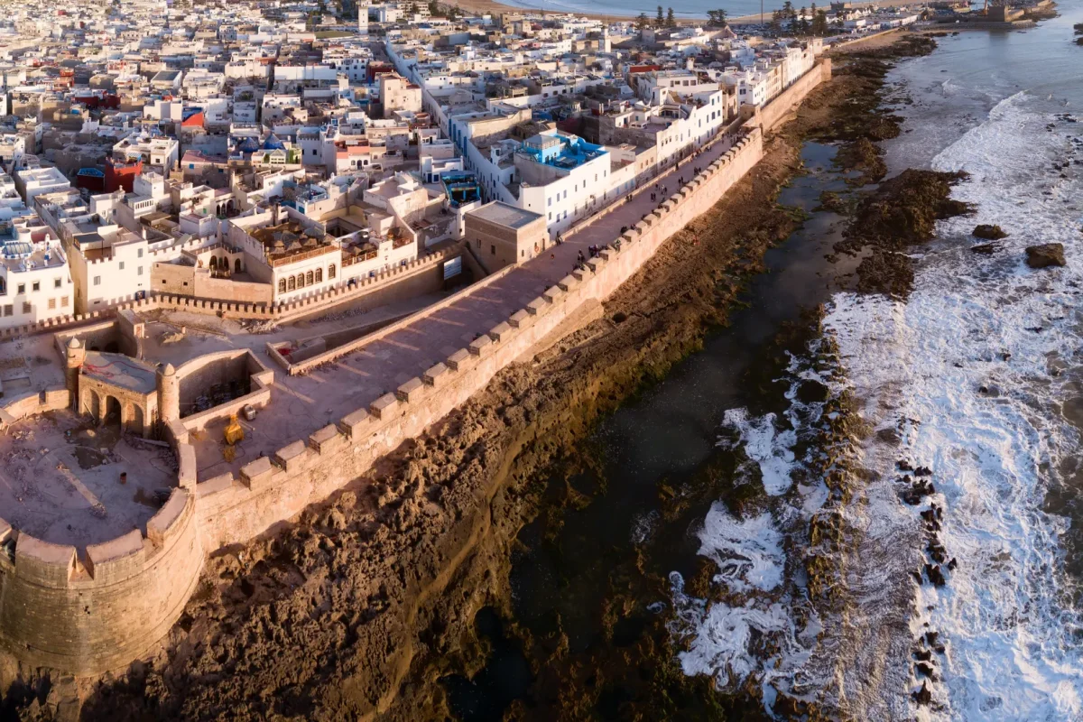 Aerial view of Essaouira medina and historic ramparts along the Atlantic coast
